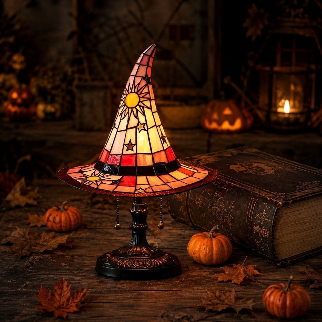 Clearance Halloween Table Lamp Decorations, Witch Hat Lamp Gifts - Handcrafted Retro Resin Witch Lamp, USB Powered Gothic Wizard Hats Night Light, Home Decor Accent Lamps for Bedroom