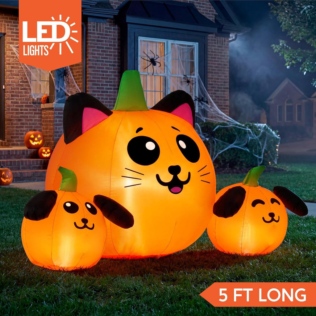 Joyfy 7 ft Halloween Inflatable Long Pumpkin with Witch's Cat Decorations Inflatables with Build-in LEDs,Halloween Decor Outdoor Blow Up Yard Decorations