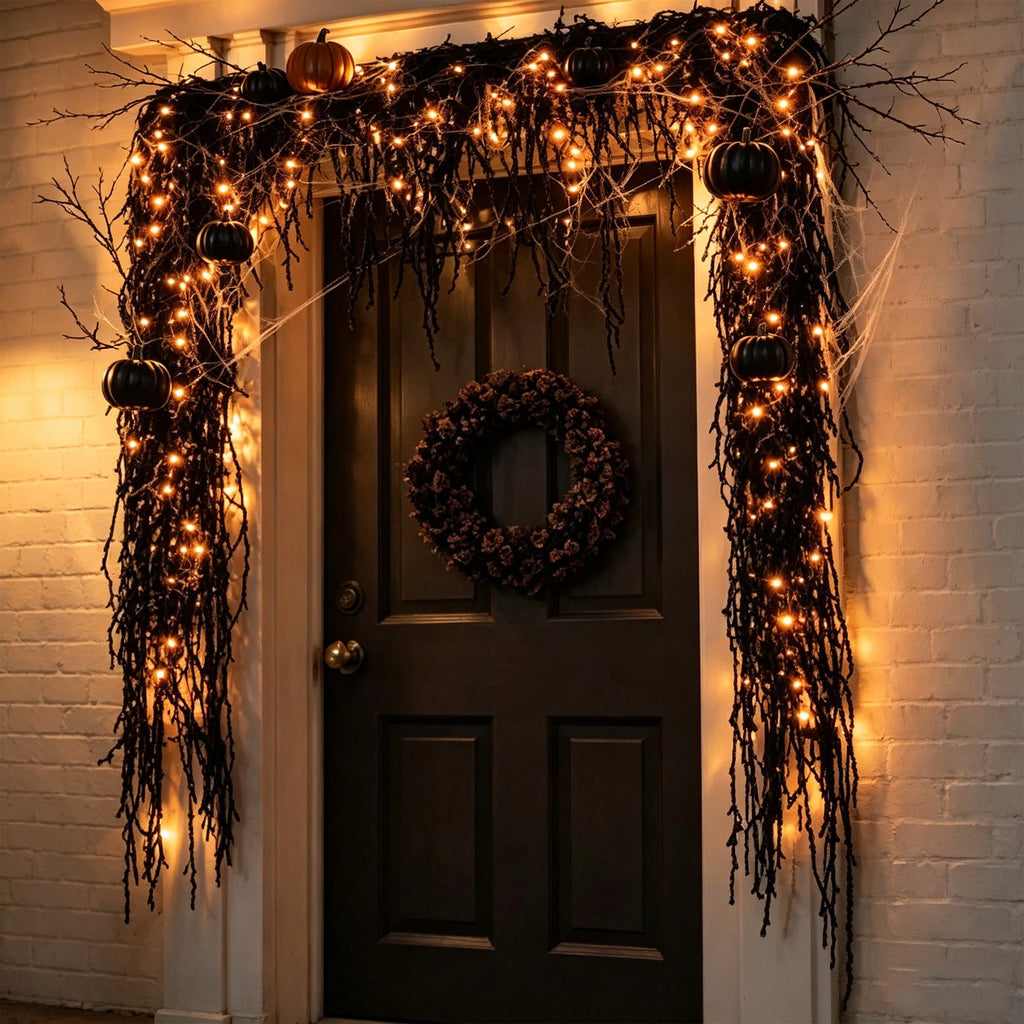 Orangide Halloween Spooky Garland Black Rope Rattan Fireplace Decor Set 71 in Hanging Ornament for Porch Wall Indoor Outdoor Fall