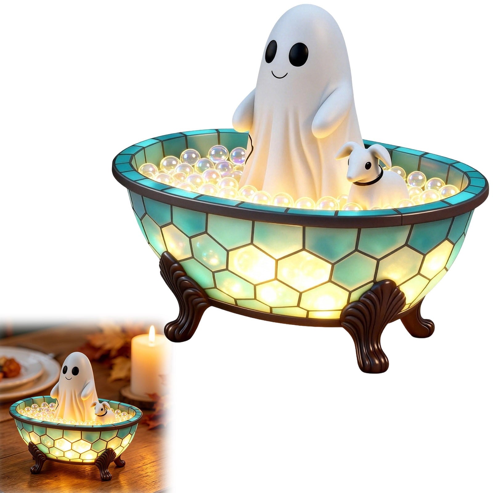 Ghost Bubble Bath LampHalloween Bathroom Decor Gifts Under 20 Bathtub Ghost & Dog Resin Figurine, Warm LED Halloween Tabletop Decor for Bathroom, Bedroom, Kids Room & Fall Home Accent
