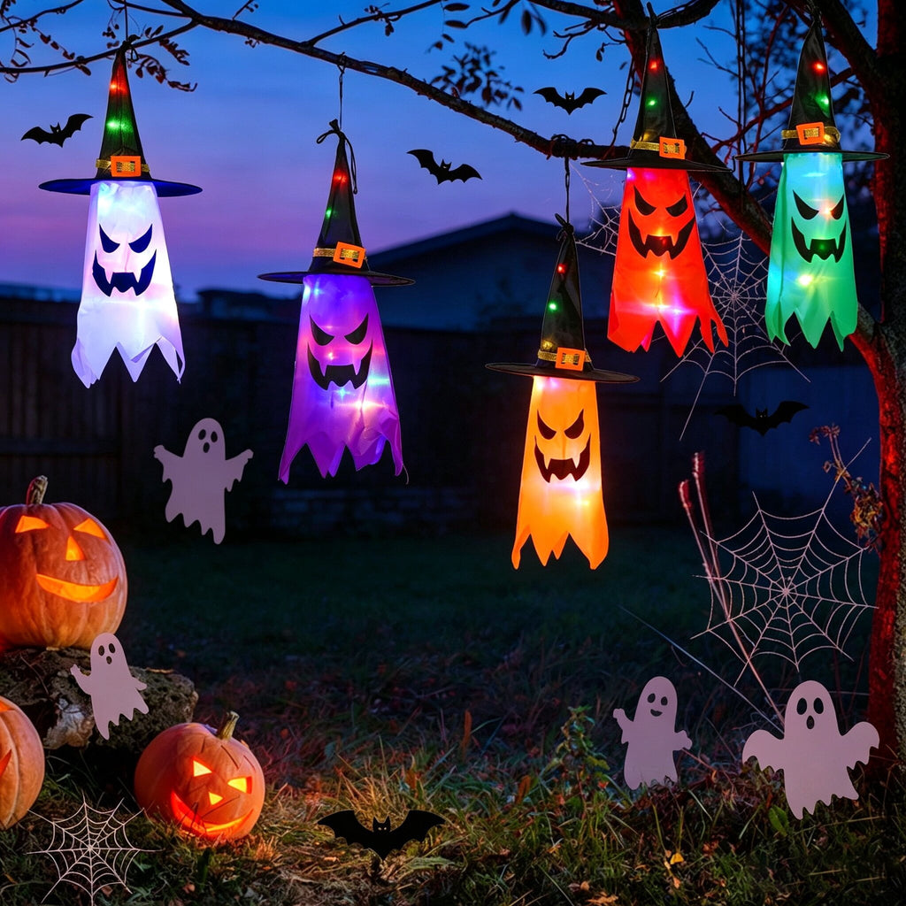 5Pcs Halloween Hanging Witch Hat String Lights, Waterproof LED Halloween Decorations, Battery Operated Colorful Glowing Witch Hat Lights for Yard Tree Porch Garden, Halloween Outdoor Decor