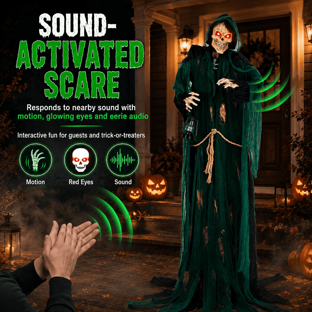Romswi Halloween Decorations 7ft Standing Grim Reaper Animated with Light Up Eyes and Sound-Activated for Spooky Yard Garden Decor