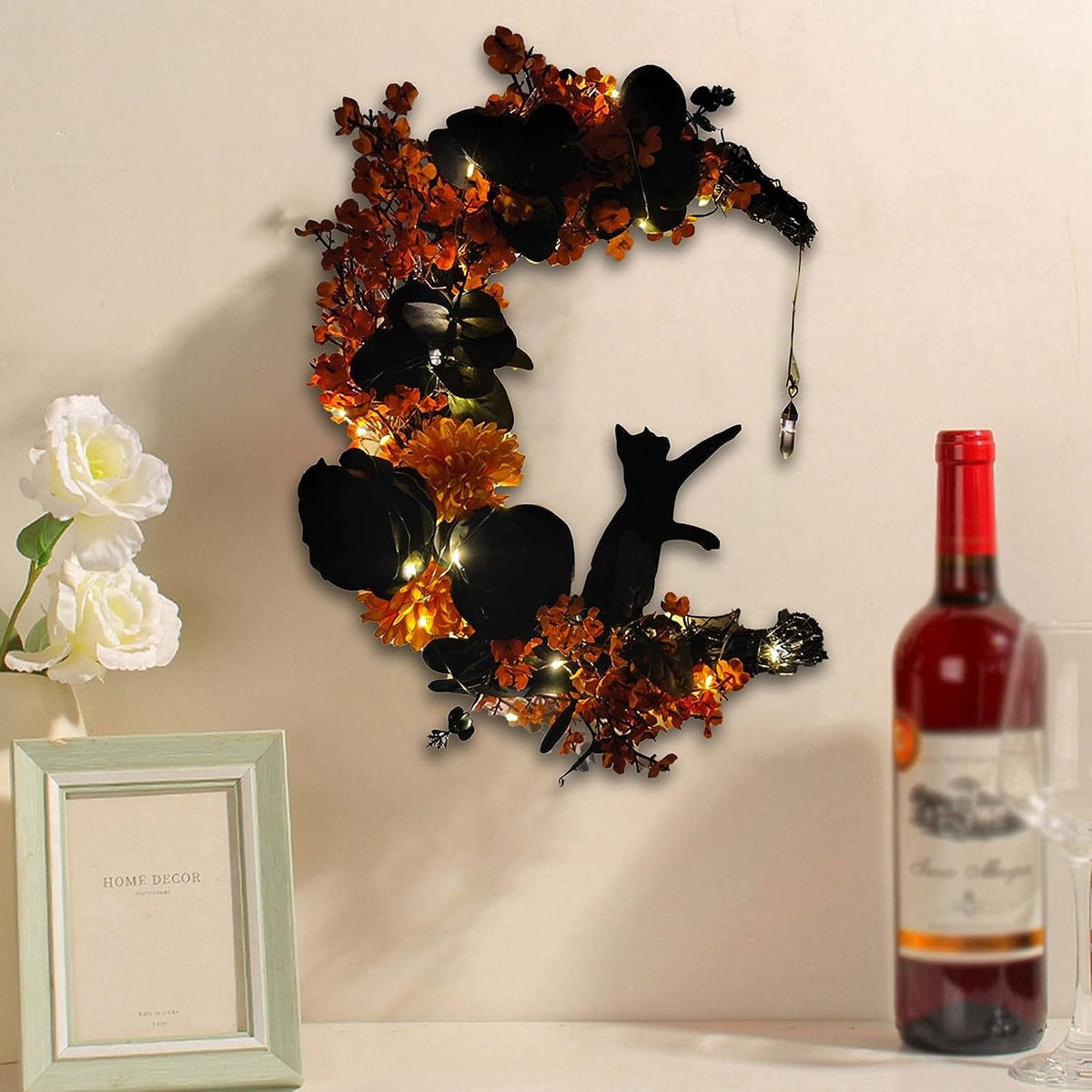 Wiher Halloween Wreaths with Lights for Front Door, 13.77" Halloween Moon Wreath with Black Cat Wood Wreath Halloween Wreath Horror Decorations for Home Party Window Wall Indoor Outdoor C