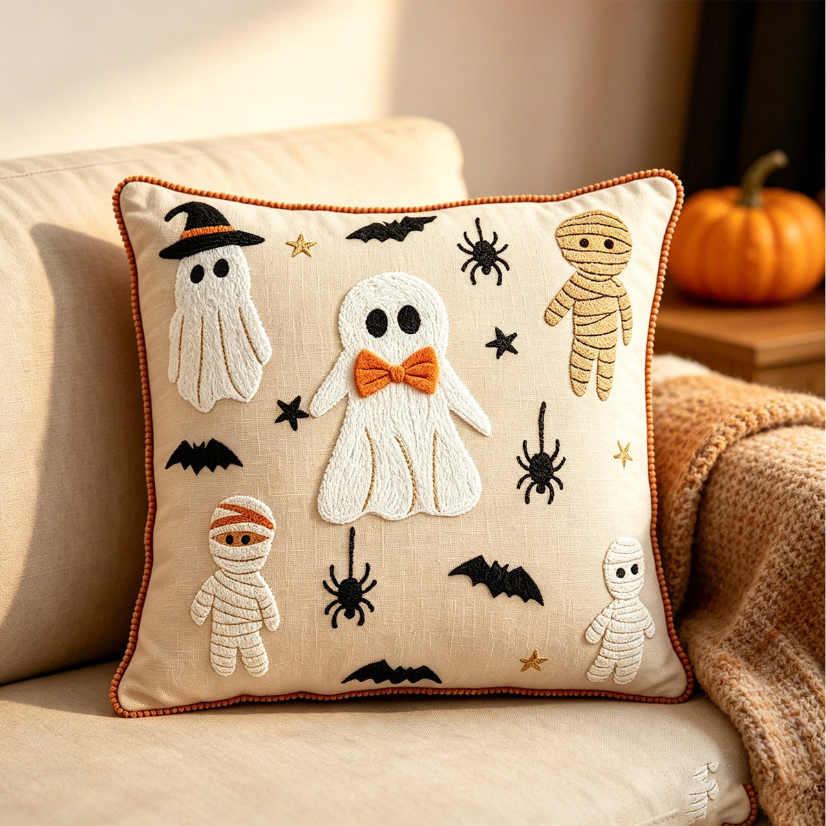 Yeciiwht Halloween Throw Pillow Cover – 18*18inch Embroidered Linen Cushion Case with Ghost, Mummy & Bat Designs, Invisible Zipper, Machine Washable