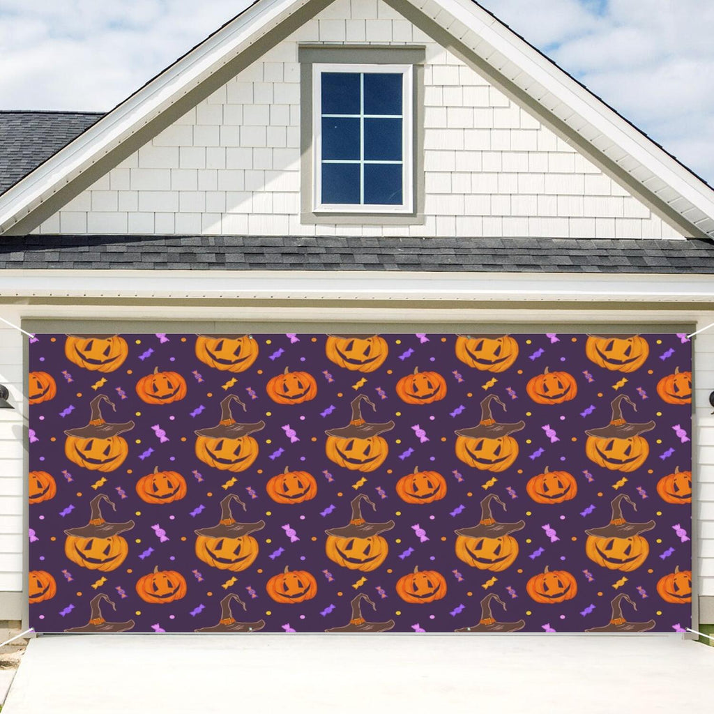 Halloween Garage Door Cover - 13x6ft Spooky Ghost Pumpkin Skull Witch Black Cat Polyester Backdrop for Outdoor Decor
