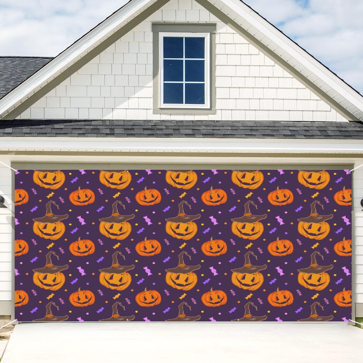 Halloween Garage Door Cover - 13x6ft Spooky Ghost Pumpkin Skull Witch Black Cat Polyester Backdrop for Outdoor Decor