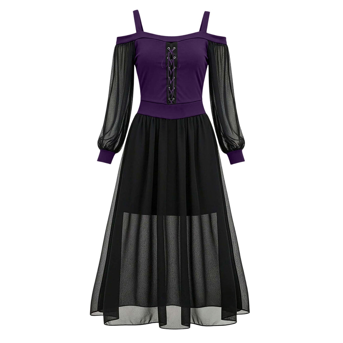JOANKDMI Women's Gothic Midi Dress Elegant Vampire Costume Cold Shoulder Sheer Long Sleeve Lace-up Corset for Roleplay Halloween Party Outfit Chic, S-3XL