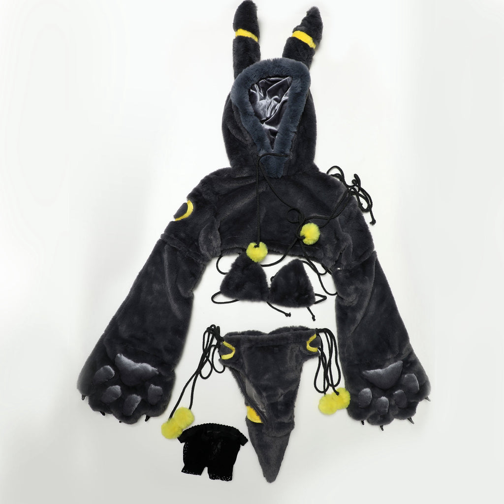 Women sexy Fluffy Hooded Bodysuit Halloween Deep V Kawaii One Piece Lingerie Rompers with Choker and Socks