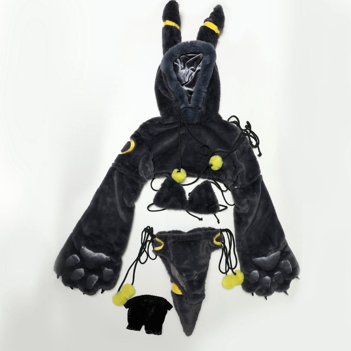 Women sexy Fluffy Hooded Bodysuit Halloween Deep V Kawaii One Piece Lingerie Rompers with Choker and Socks