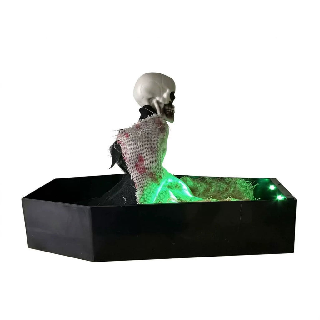 Animated Skeleton Coffin Decoration, Voice Activated Rising Skull Prop With Green Light Spooky Sound Effect, Halloween Party Prank Decor for Home Yard Event