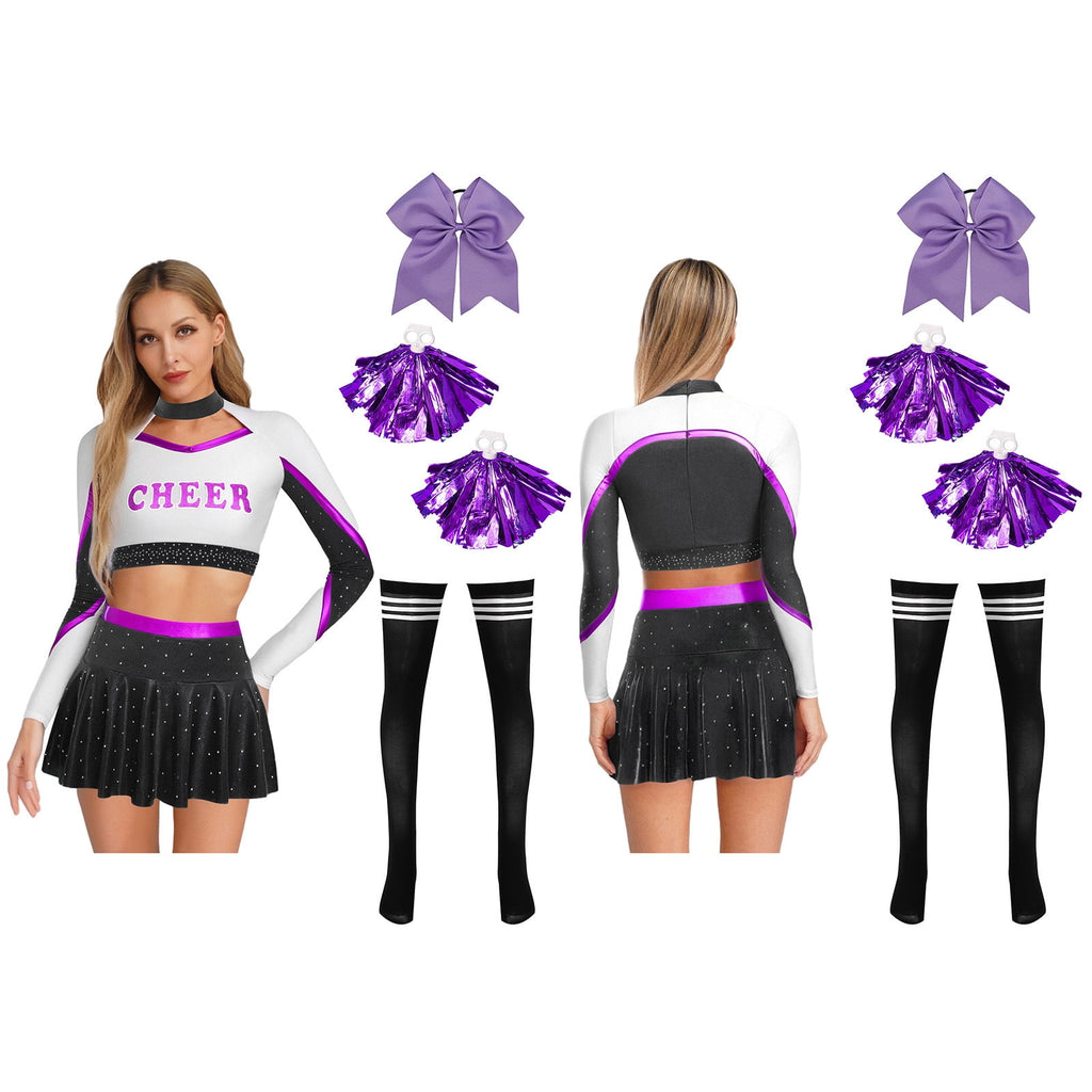 iiniim Womens Cheer Leader Costumes Set Schoolgirl Cheerleading Cosplay Halloween Party Uniform Purple XL