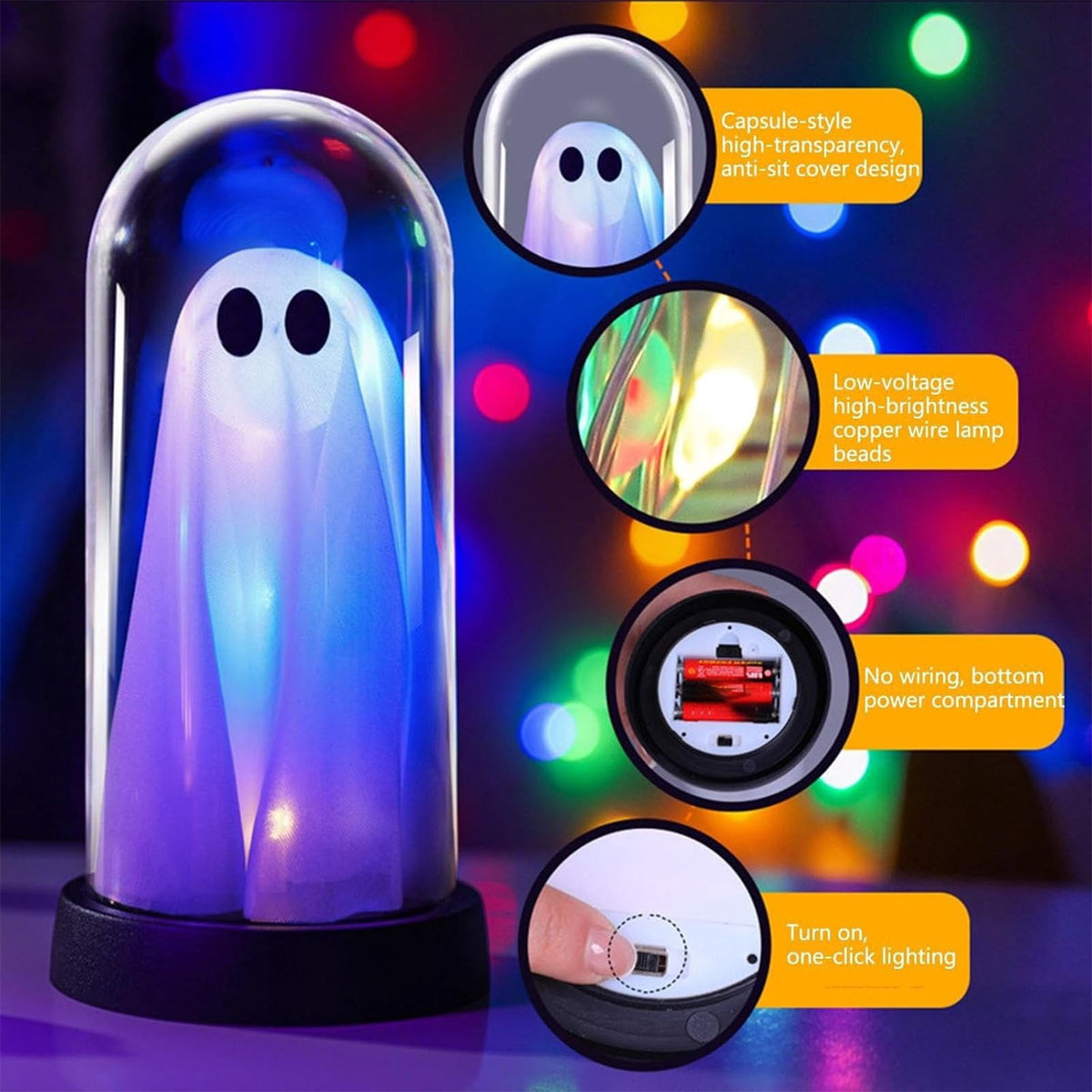 Darzheoy Halloween Decoration Ghost Cloche Lamp, with 3 Mini Figurines, Halloween Ghost Spooky, White Warm Glow, 1 Count