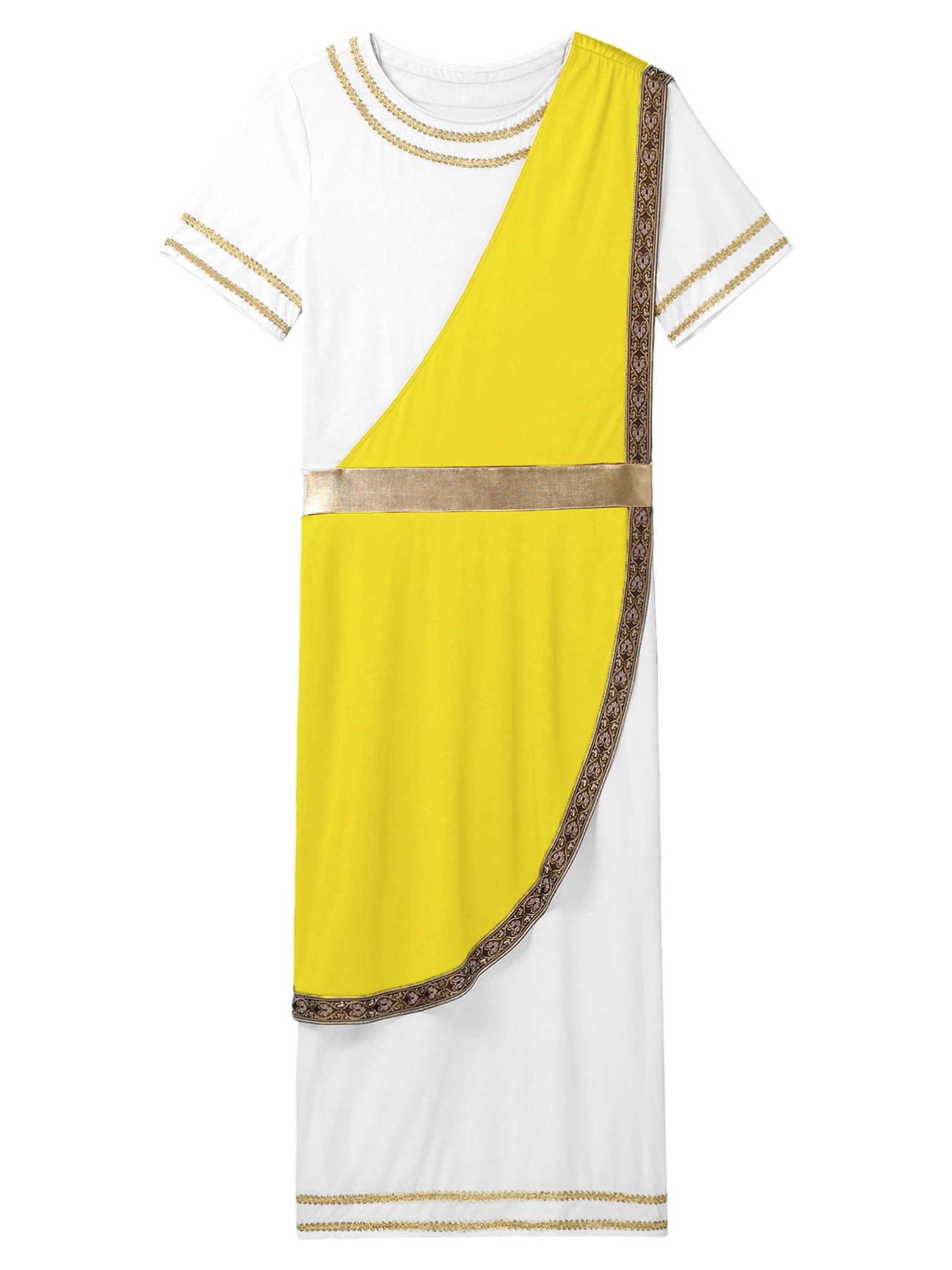 iixpin Mens Halloween Toga Robe Ancient Roman Costume Short Sleeve Greek God Tunic with Belt Yellow 3XL
