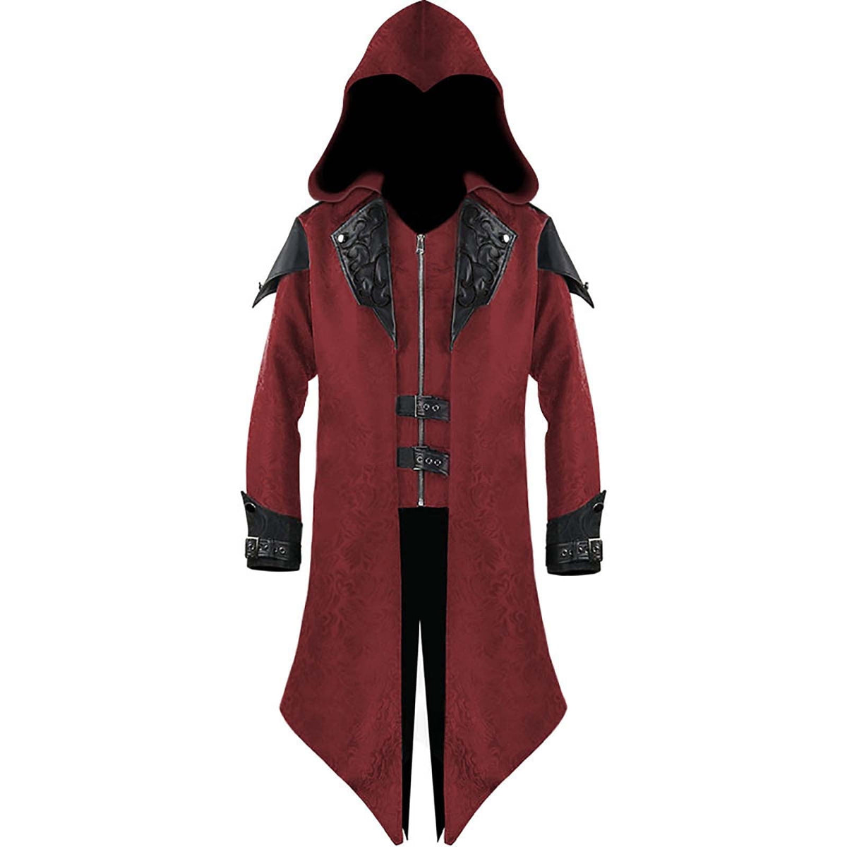 QATAINLAV Men's Medieval Tailcoat Steampunk Vintage Spliced Hooded Trench Long Sleeve Zip Tailcoat Blazer Gothic Halloween Costume Red XXL