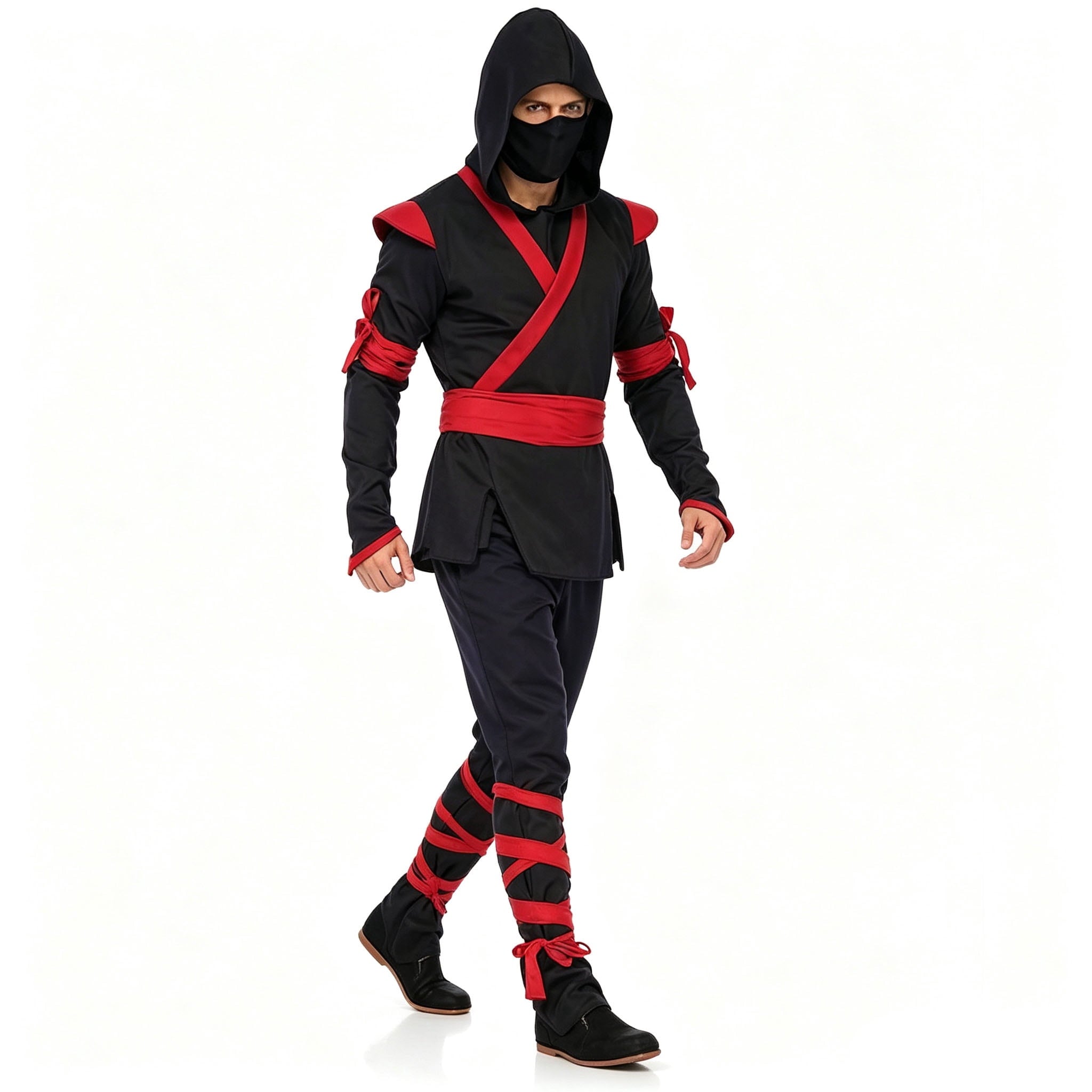 Men Ninja Costume Outfit, Complete Black‑Red Ninja Hooded Suit with Face Mask for Adult, Halloween Cosplay Theme Party Fancy Dress for Men