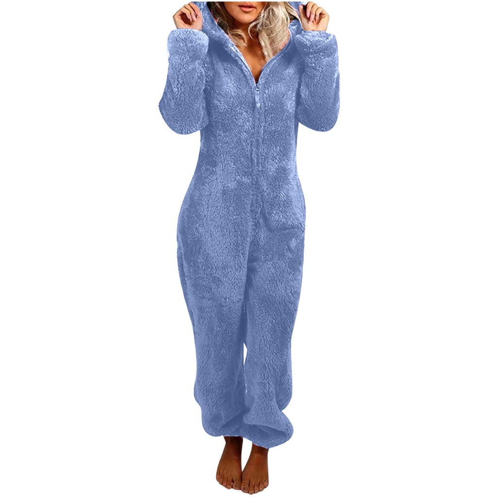 QATAINLAV Sherpa Fleece Jumpsuit for Women Winter Warm Fuzzy Onesie Pajamas Cute Cat Hooded Romper Casual Zip Up Overalls Sleepwear Black XL