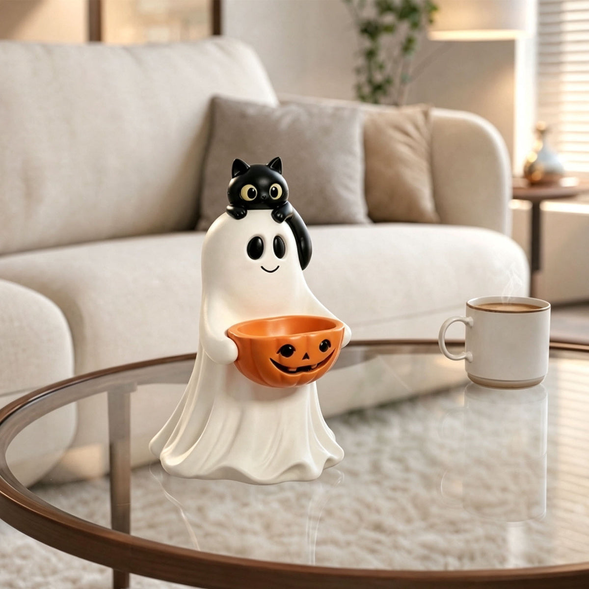 13.7" Halloween Ghost Figurine with Pumpkin Candy Bowl, Indoor Outdoor Safe Ghost Statue for Porch Yard Garden Decoration, Freestanding Halloween Porch Decor