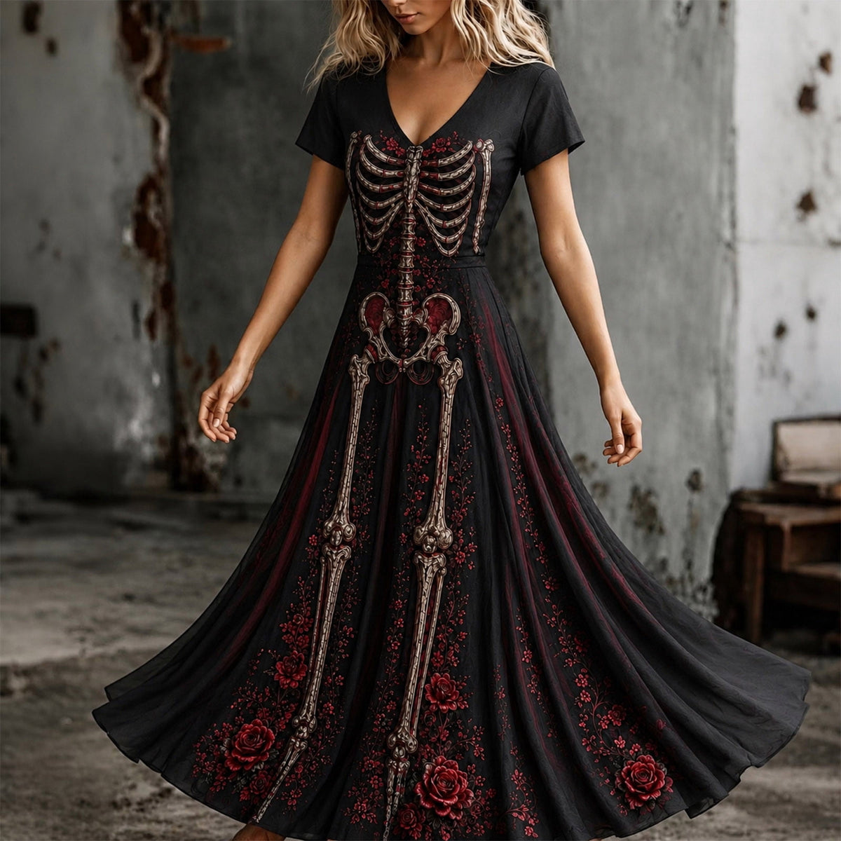 KICILVS Gothic Clothes For Women Black Spiderweb And Spider Print Flowing V Neck Long Maxi Dress Halloween Cosplay Gothic Party Dress