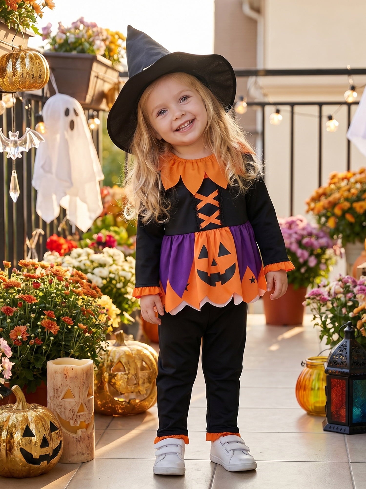 RUINIXCW Toddler Baby Girl Halloween Witches Costume Kids Pumpkin Costume Infant Girl Fall Cosplay Outfit Long Sleeve Collar Babydoll Shirt and Pants Hat Set