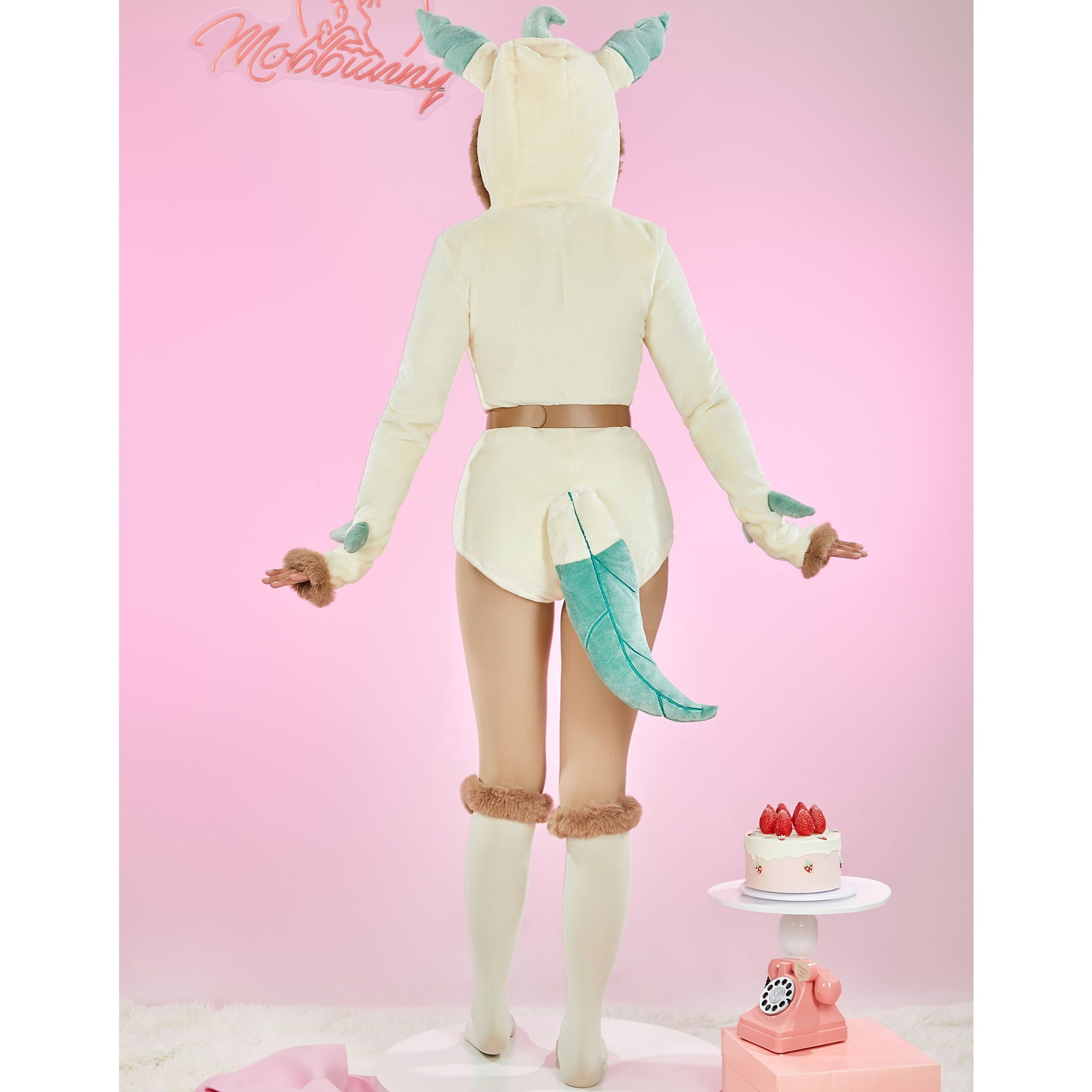 Women sexy Fluffy Hooded Bodysuit Halloween Deep V Kawaii One Piece Lingerie Rompers with Choker and Socks