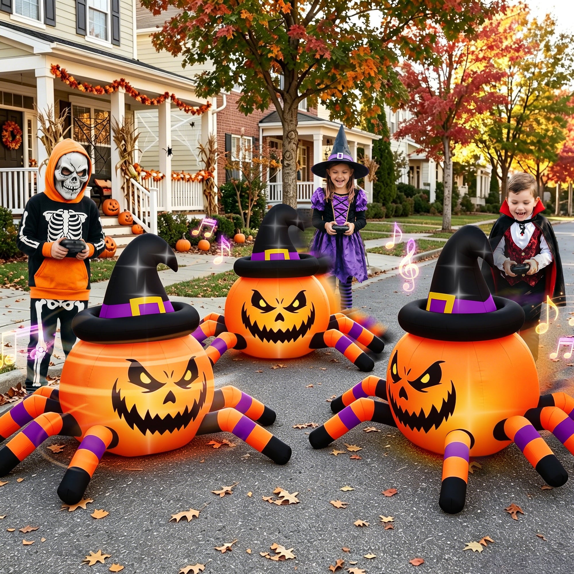 Firstness 2.6ft Halloween Inflatable with Music and Lights,Remote Control Pumpkin Ghost Car,Blow ups Rc Car,Indoor Outdoor,Orange Green