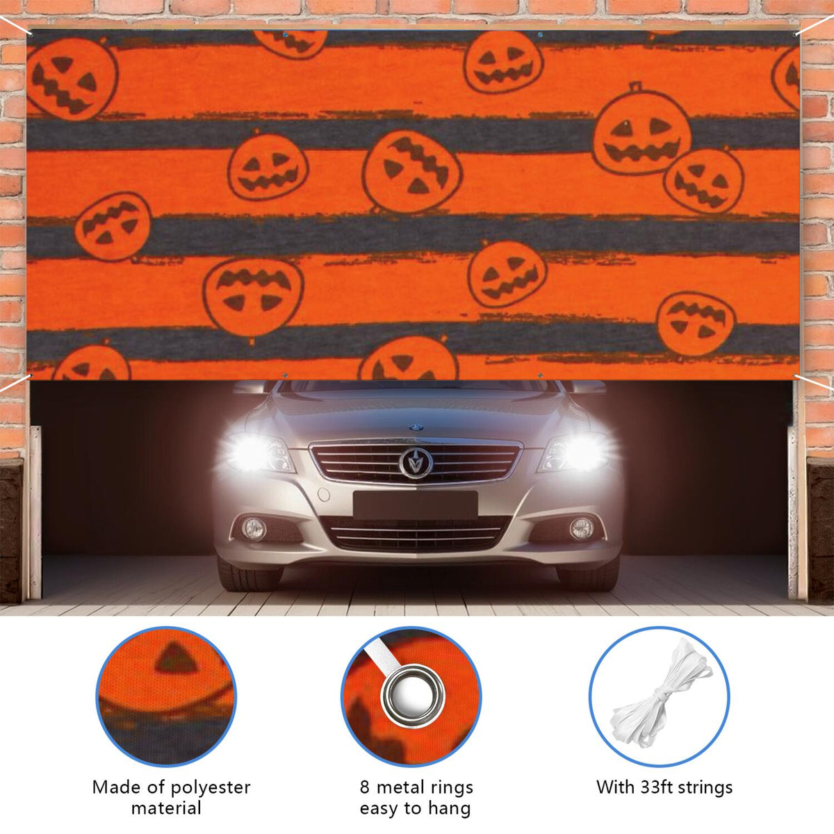 Halloween Garage Door Cover - 13x6ft Spooky Ghost Pumpkin Skull Witch Black Cat Polyester Backdrop for Outdoor Decor