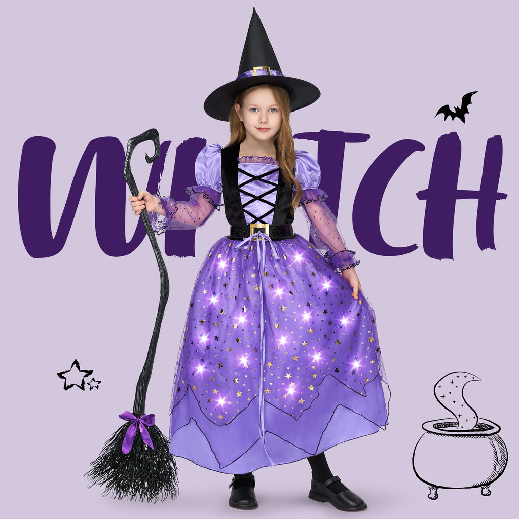 Joyfy Light Up Witch Costume Set for Girls, Starry Witch Dress with Broom Belt Hat for Kids and Toddlers, Perfect for Halloween Party Dress-Up Cosplay (5-12 Years)