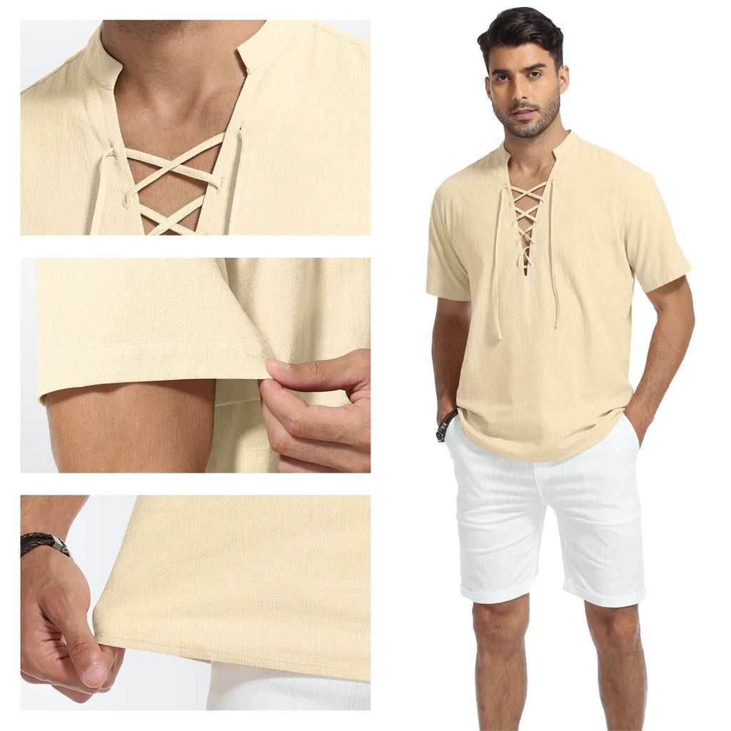 HAOMEILI Men's Cotton Linen Lace-Up V-Neck Short Sleeve Shirt