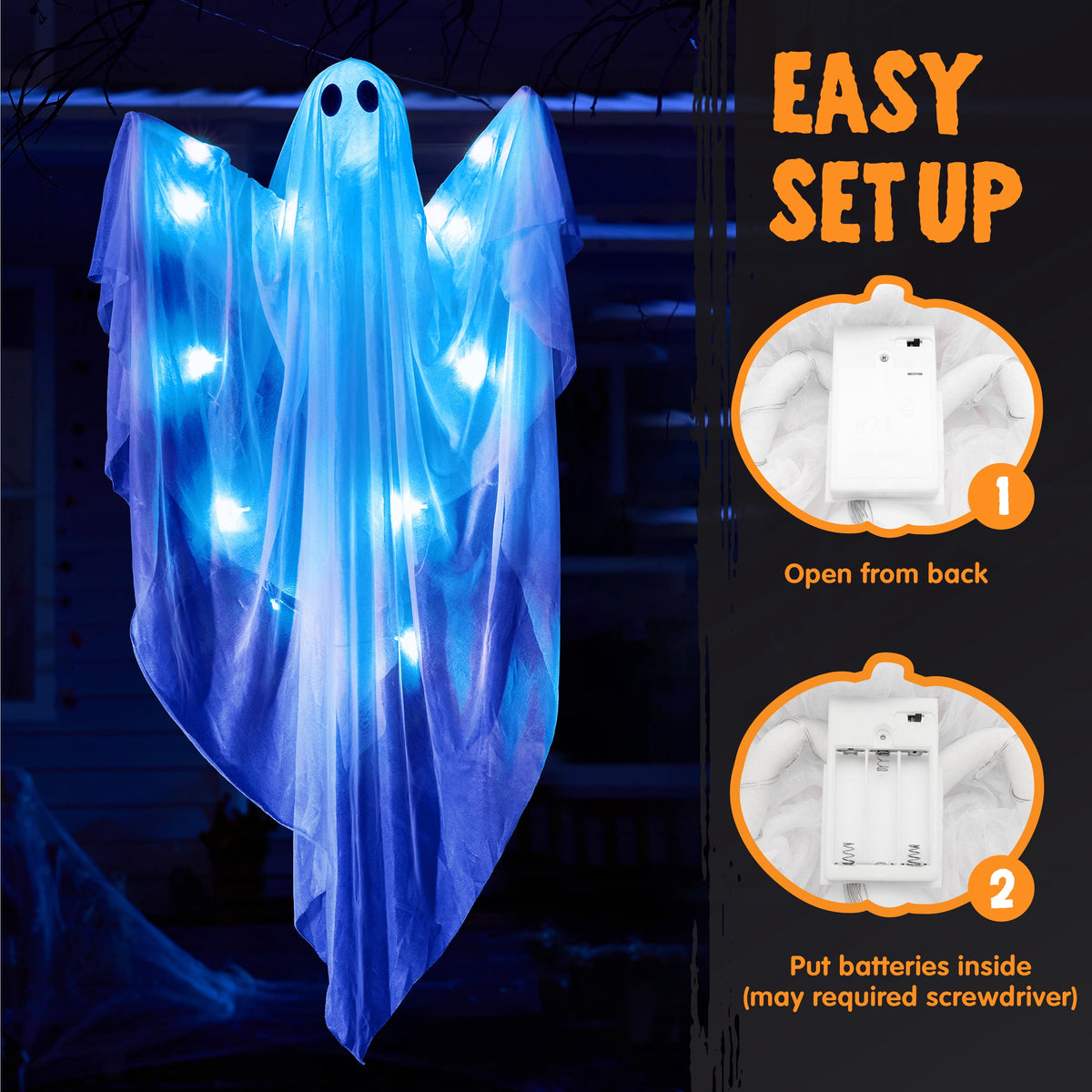 Joyfy 47" Halloween Hanging Light up Ghost Decorations Outdoor,White Ghosts with Blue LED Light and Timer Halloween Hanging Decoration Waterproof for Front Yard Patio Lawn