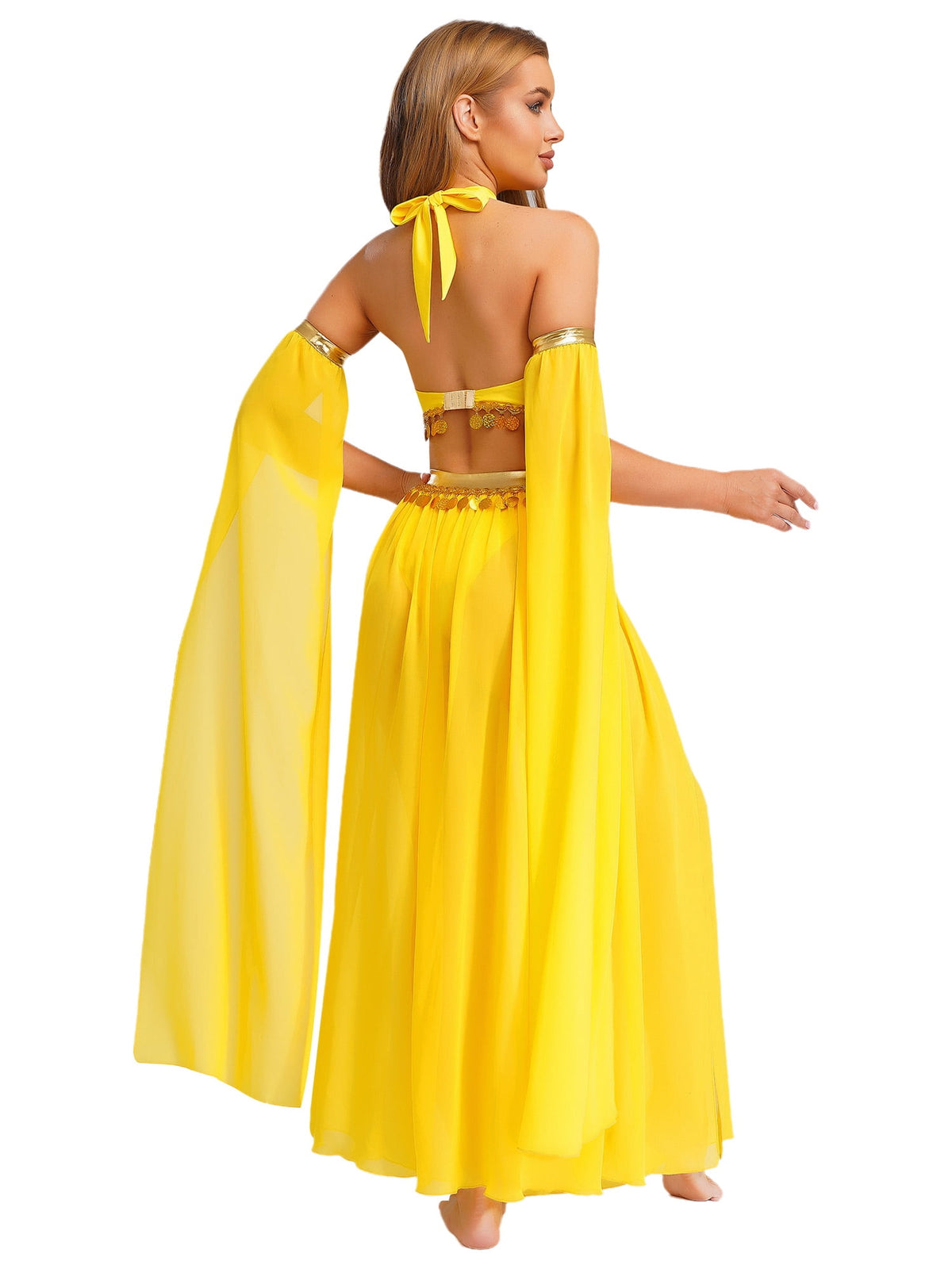iiniim Women Belly Dance Dress Arabian Greek Princess Halloween Costume Chiffon Skirts 4piece Outfit Green L