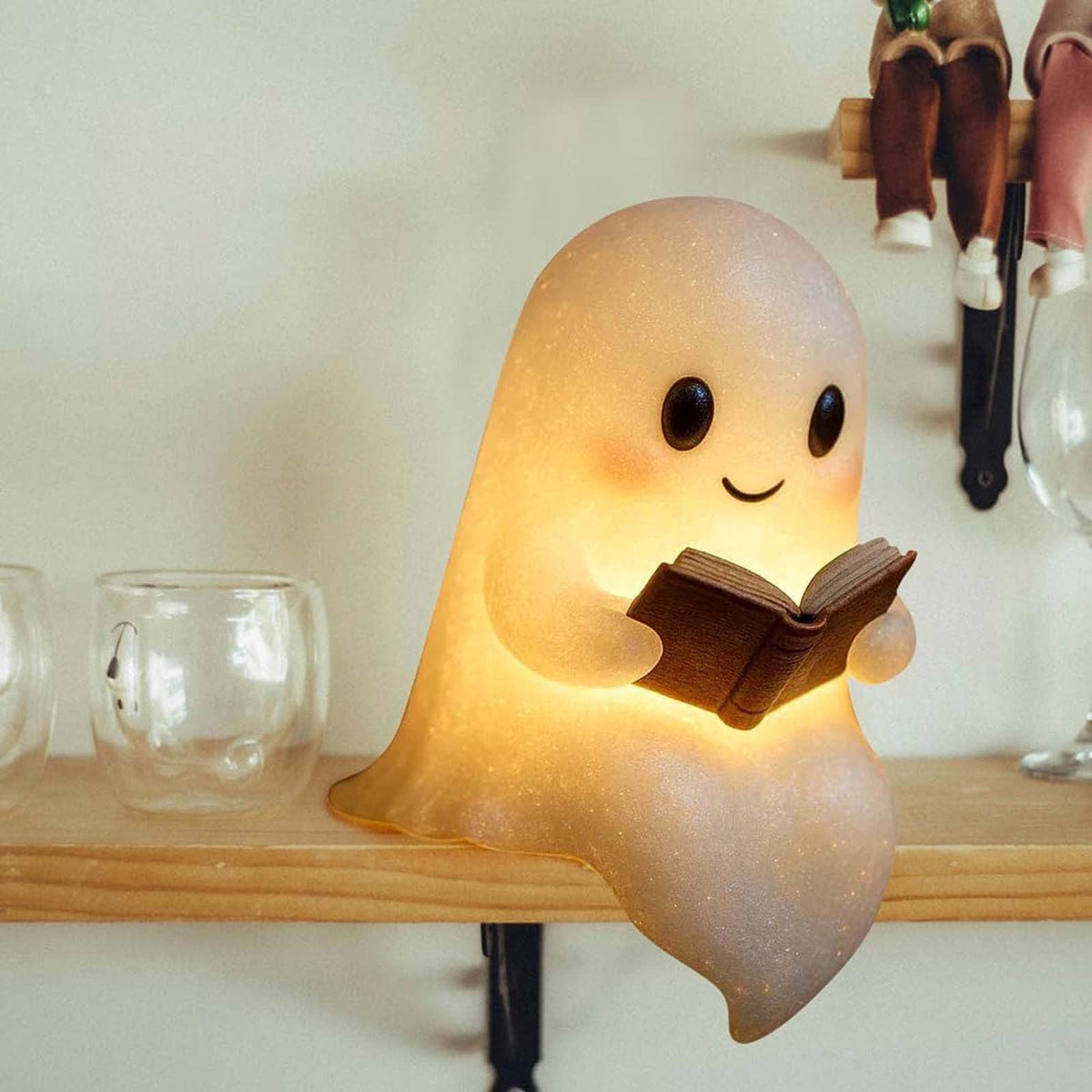 Fwttom Ghost Night Light, Halloween Lights Cute Ghost Reading Book Lamp, Halloween Decorations Indoor Light Up Ghost Statue Ghost Light for House Mantel Bedside