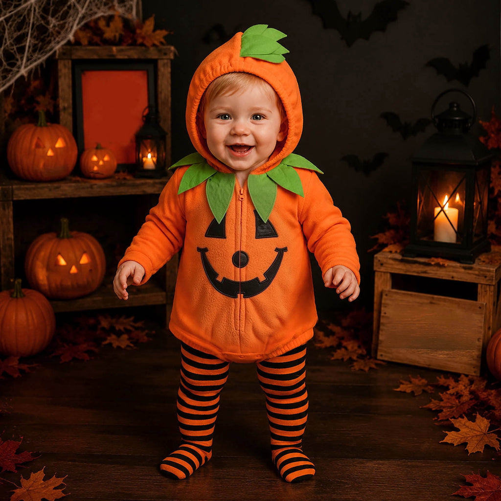 Newborn Infant Cute Jack-O-Lantern Costume Halloween Bodysuit and Striped Leggings Set Fall Holiday Fancy Dress Up Outfit for Boys Girls Party Festival