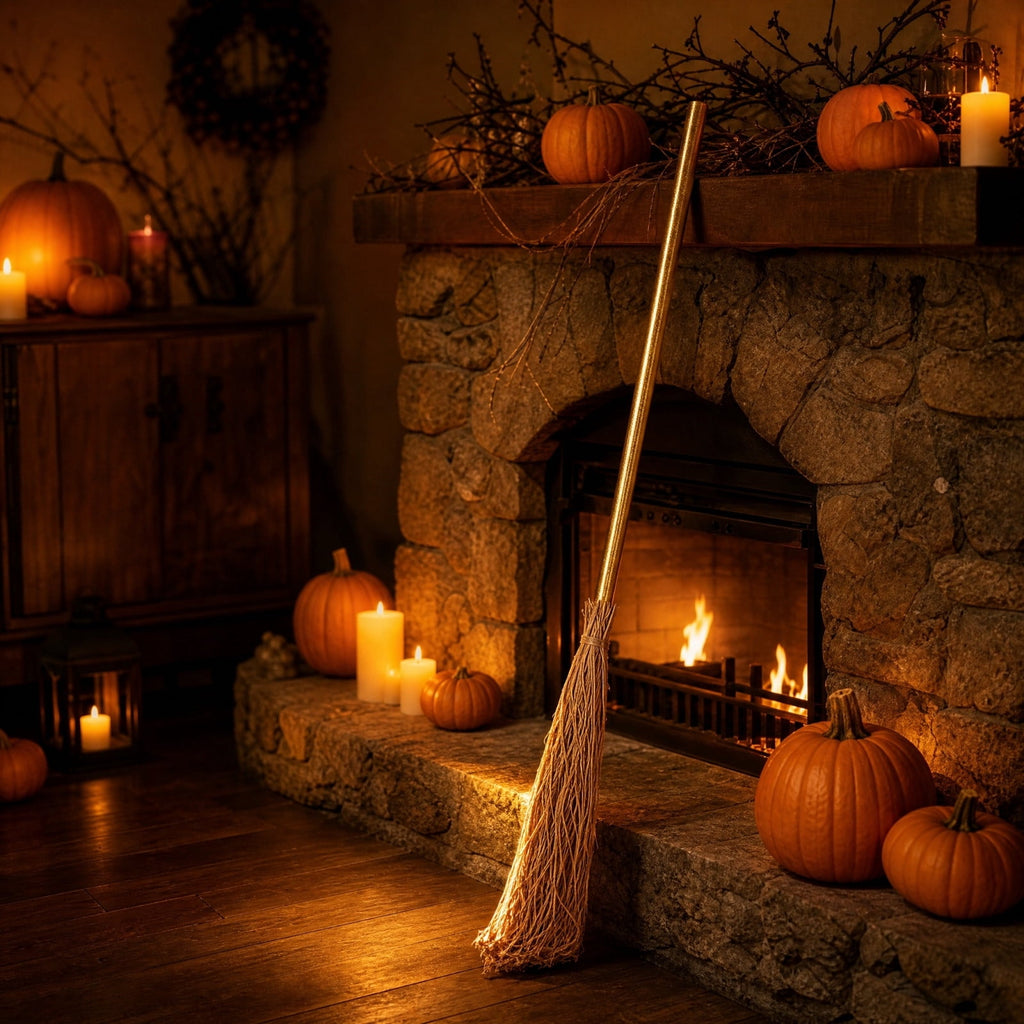 Halloween Witch Broom Cane with Ribbons, 38.2" Witches Broomstick for Wizard Costume Party, Photo Booth Accessory Stage Prop, Halloween Decoration, D
