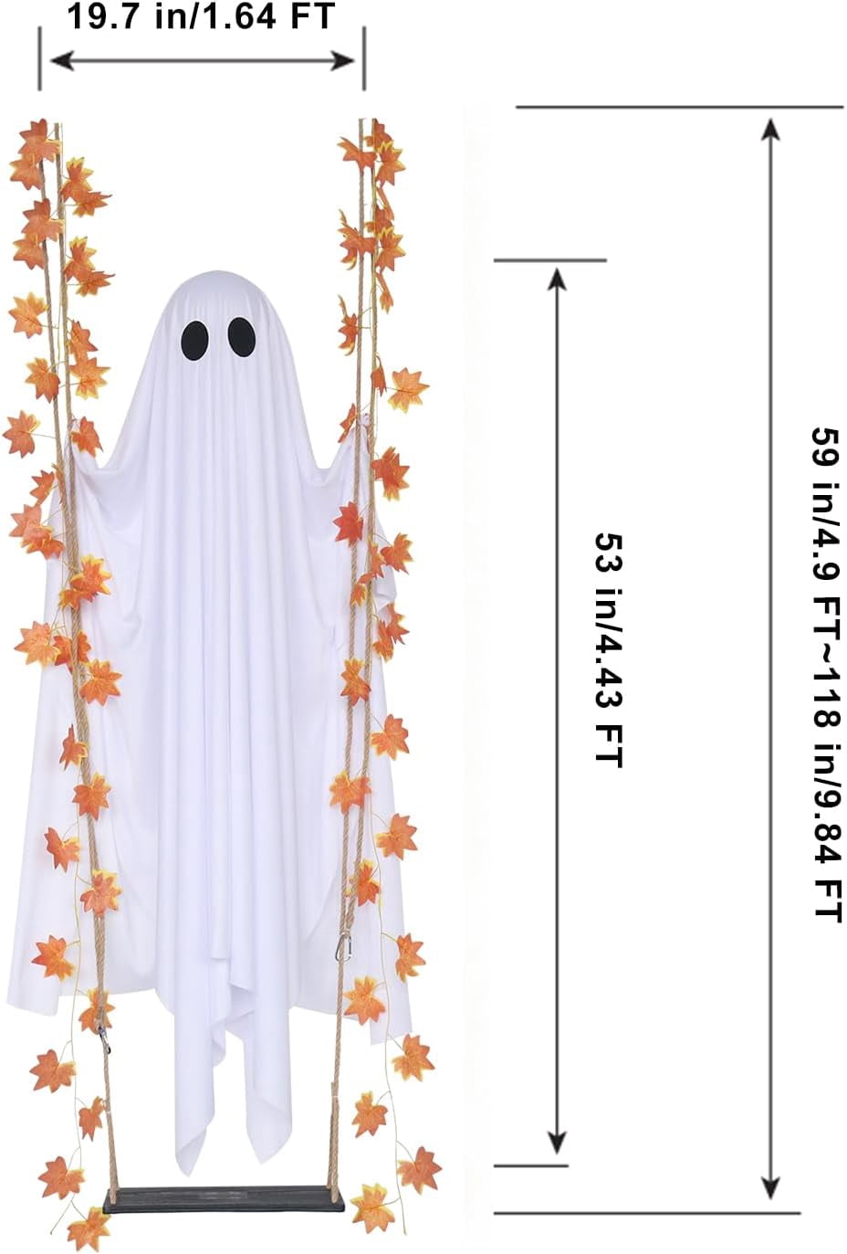 Hanging Swinging Ghost Halloween Decor - Outdoor Halloween Decorations with Ghost on A Swing for Outside Garden Yard Porch Tree, 4.4 FT Large Spooky Cute Ghosts with String Lights for Indoor Party