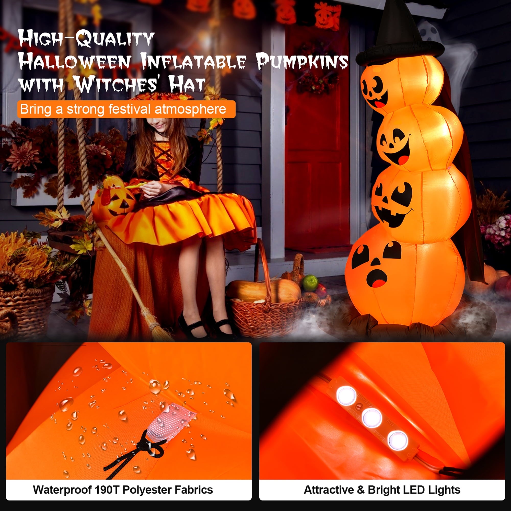Costway 6.8FT Halloween Inflatable Pumpkin Combo Blow up Pumpkins w/ Witch’s Hat