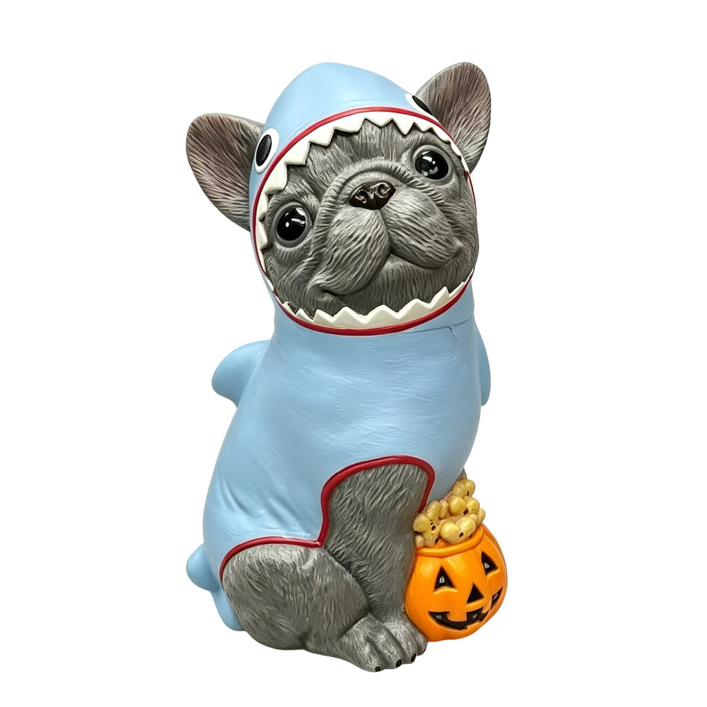 Gray Frenchie in Shark Costume Blow Mold, Halloween French Bulldog Statue with Light Up Pumpkin Decor, Cute Resin Outdoor Indoor Tabletop Dog Ornament, Entryway Patio Yard Decoration, 8"