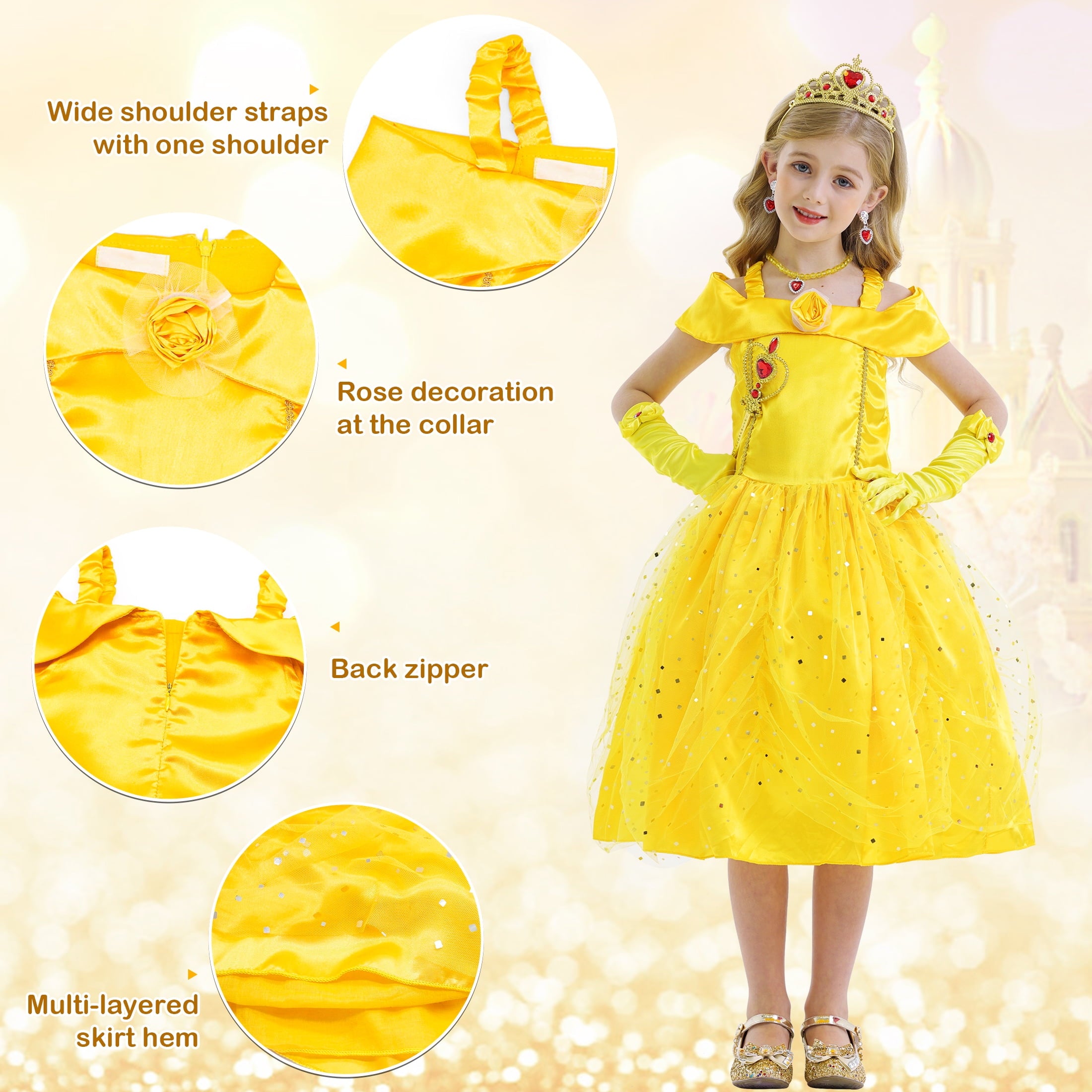 Jurebecia Princess Dress for Girls Costume Kids Off Shoulder Layered Toddler Halloween Cosplay Birthday Party Outfit up Yellow 120 cm 5-6 Years