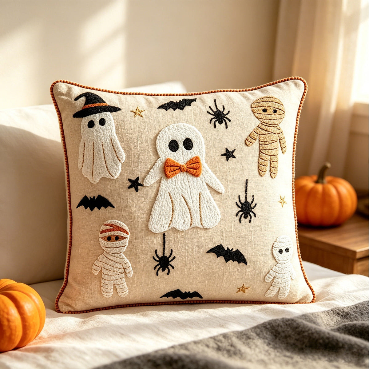 Yeciiwht Halloween Throw Pillow Cover – 18*18inch Embroidered Linen Cushion Case with Ghost, Mummy & Bat Designs, Invisible Zipper, Machine Washable