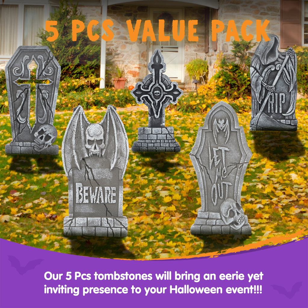 Joyfy 17" Halloween 5 Pack Tombstone Decorations, Foam RIP Graveyard Signs Cemetery Headstones Scary Outdoor Indoor Halloween Decor with 12 Metal Stakes for Easy Set Up, Waterproof for Garden Lawn