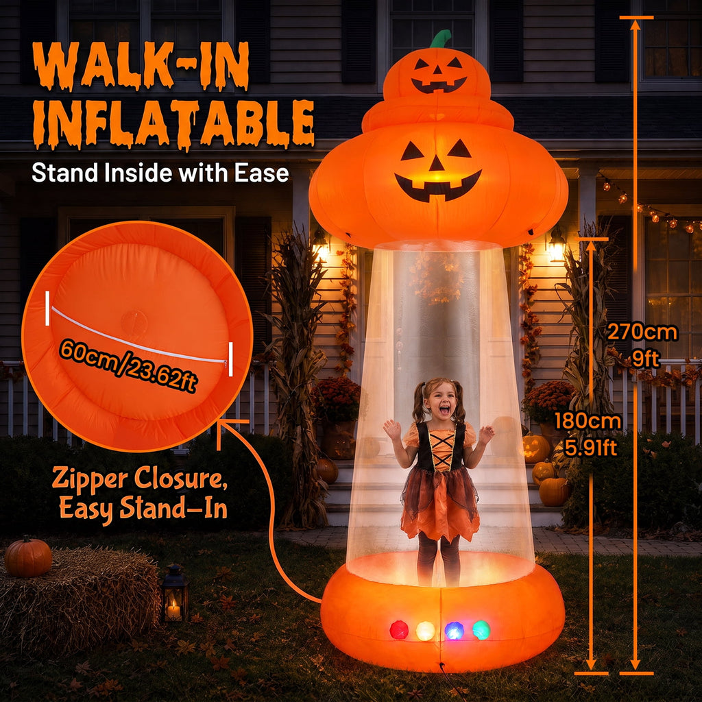 BSHAPPLUS® 9 FT Halloween Pumpkin UFO Inflatable,Walk-in Inflatable Yard Decor with Levitating Cow,Built-in LED Lights,Outdoor Blow up Decor for Lawn Garden Party,19.7ft Extra-Long Power Cord