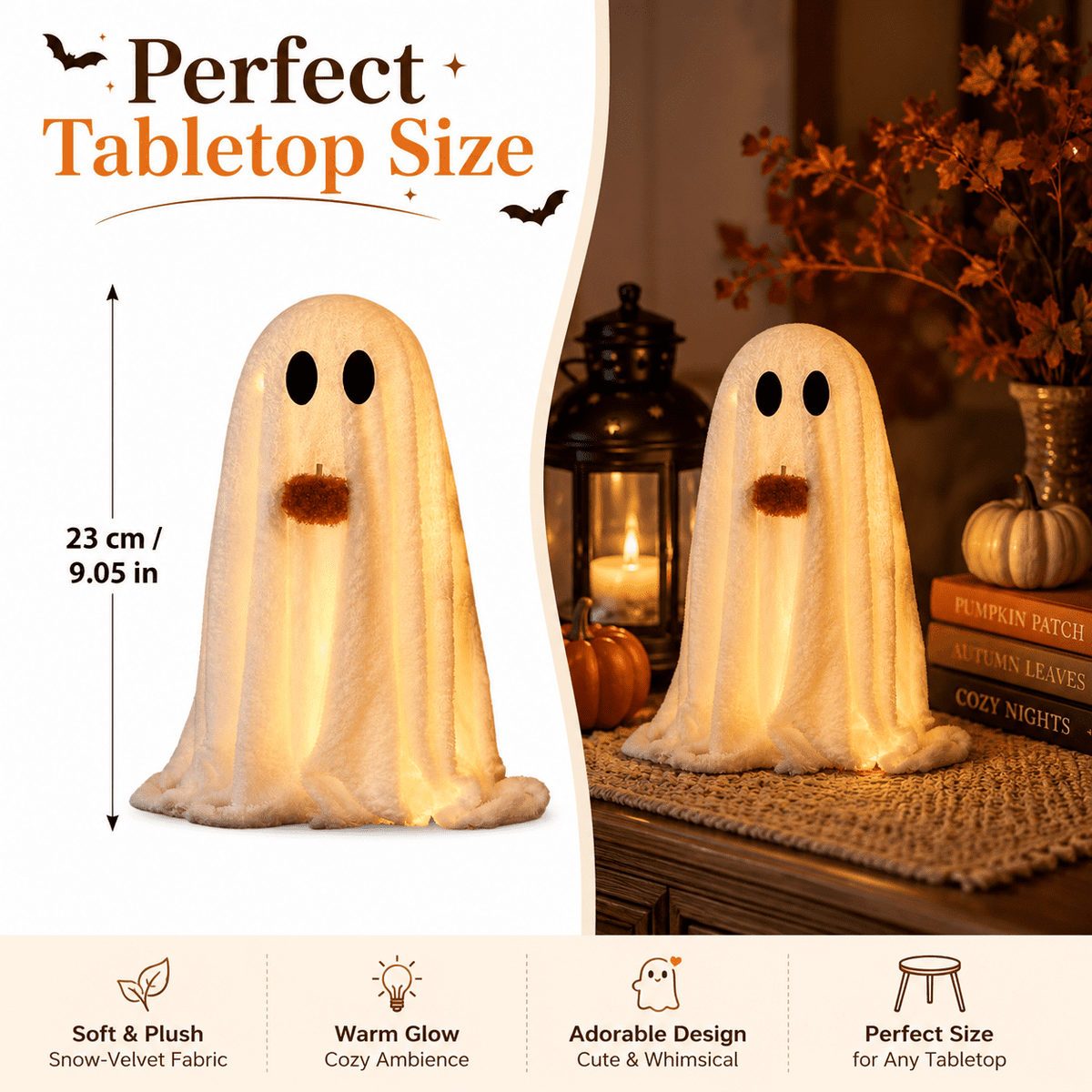 Diceymbol Halloween Decorations and Fall Decor, Halloween Venue Decoration Ghost Props LED Illuminated Ghost Decorations for Tabletop, Mantel, Shelf Indoor Outdoor 9.05 inch