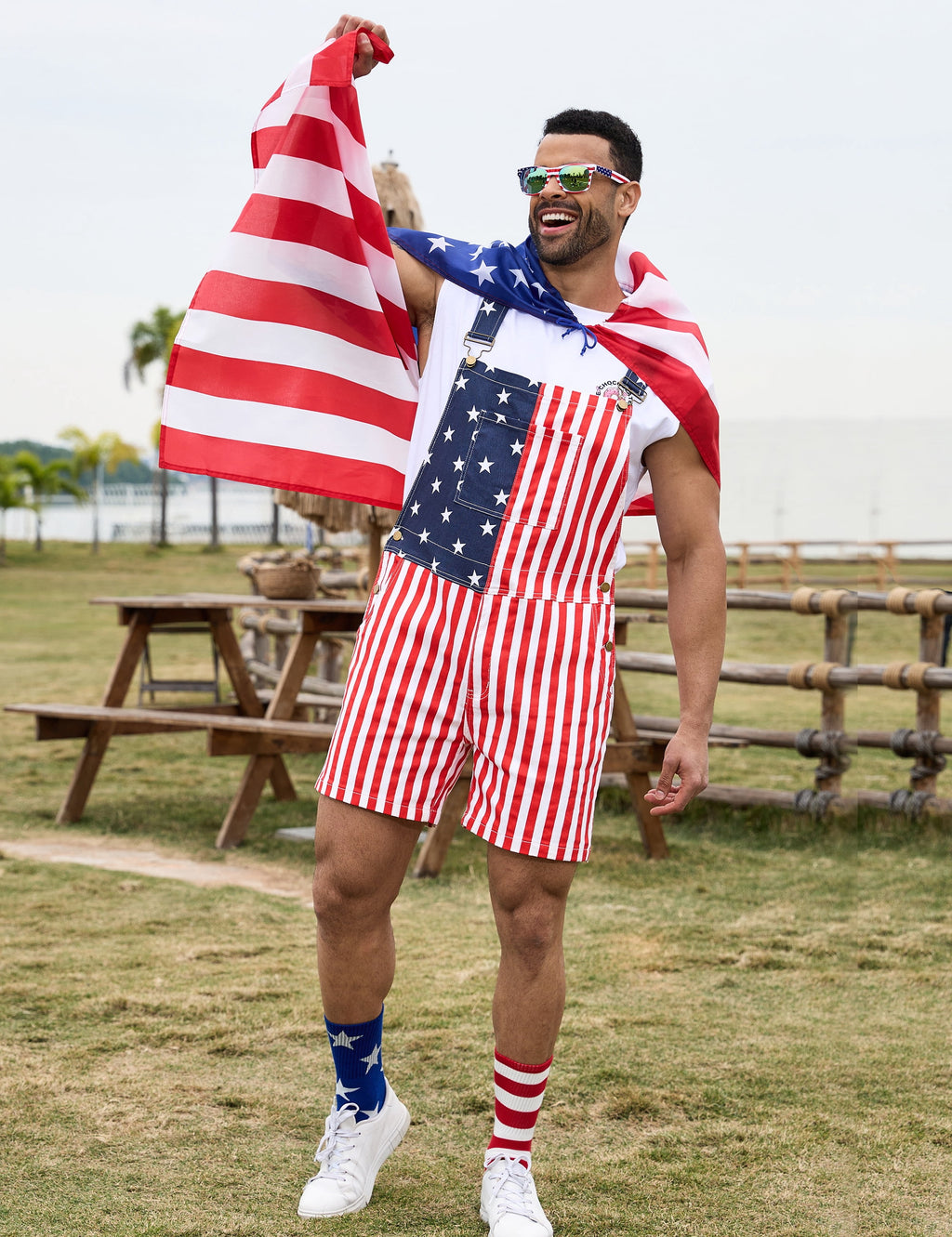 250th Anniversary American Flag Overalls Men,4th of July Cape,USA Sunglasses,Patriotic Socks,4 Pcs for Independence Labor Day(Red White and Blue,L)