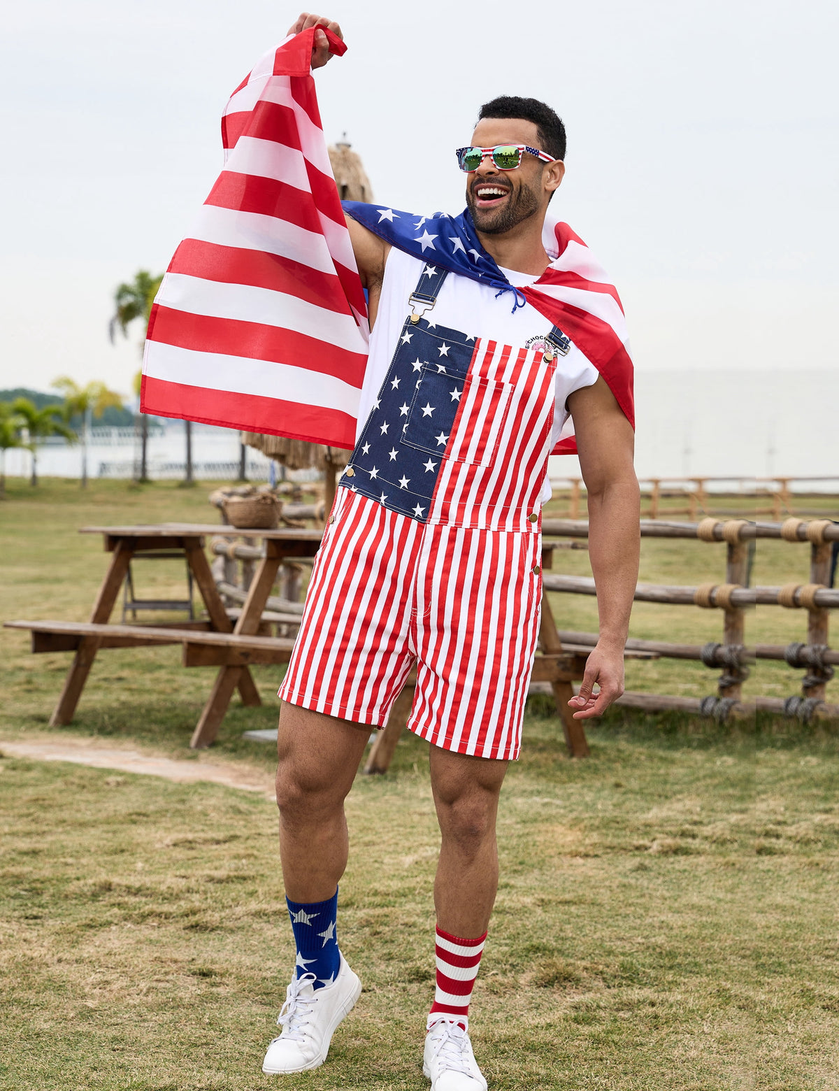 250th Anniversary American Flag Overalls Men,4th of July Cape,USA Sunglasses,Patriotic Socks,4 Pcs for Independence Labor Day(Red White and Blue,L)