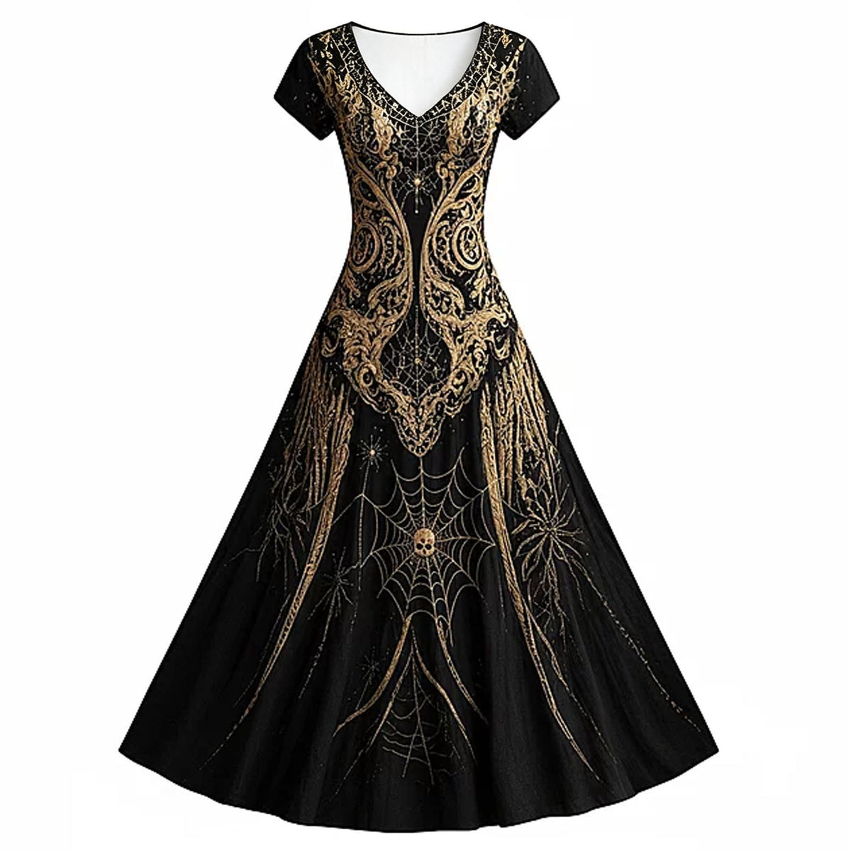 KICILVS Gothic Clothes For Women Black Spiderweb And Spider Print Flowing V Neck Long Maxi Dress Halloween Cosplay Gothic Party Dress