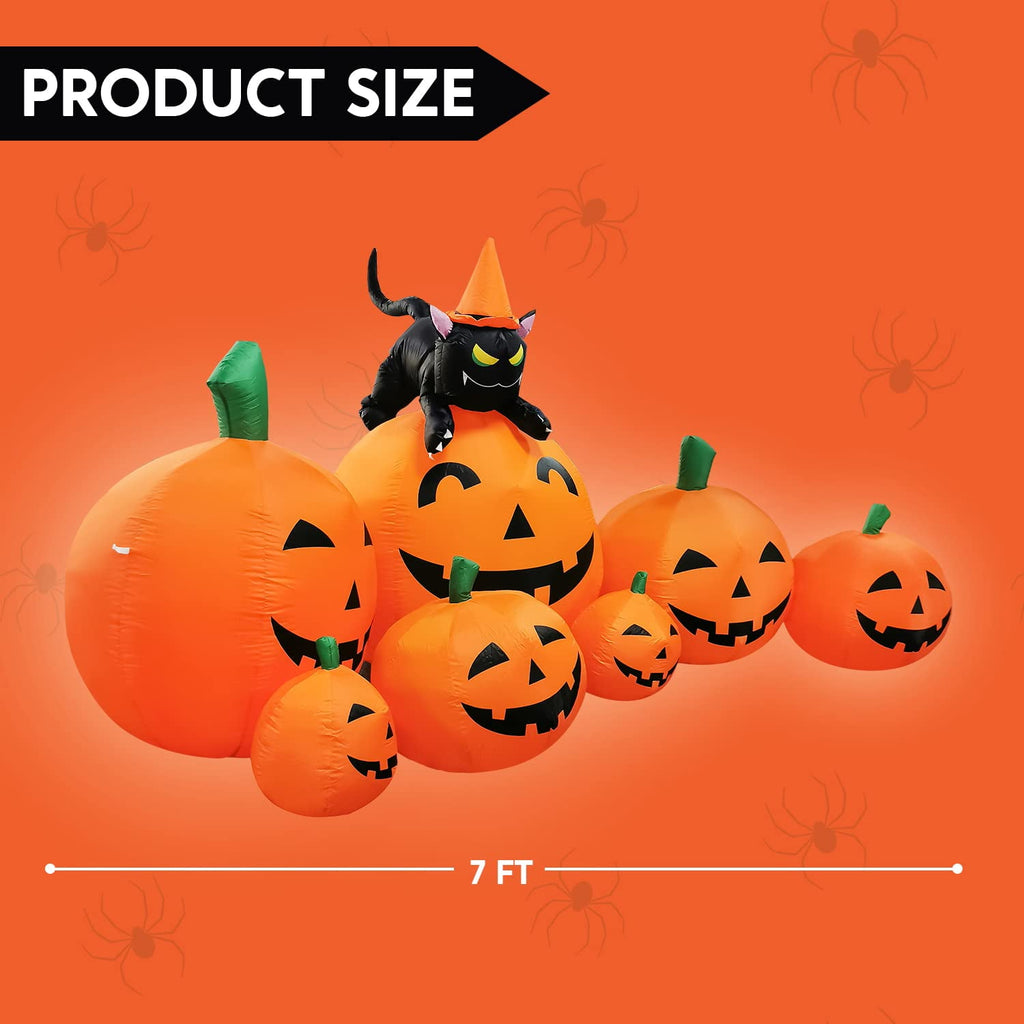 Joyfy 7 ft Halloween Inflatable Long Pumpkin with Witch's Cat Decorations Inflatables with Build-in LEDs,Halloween Decor Outdoor Blow Up Yard Decorations