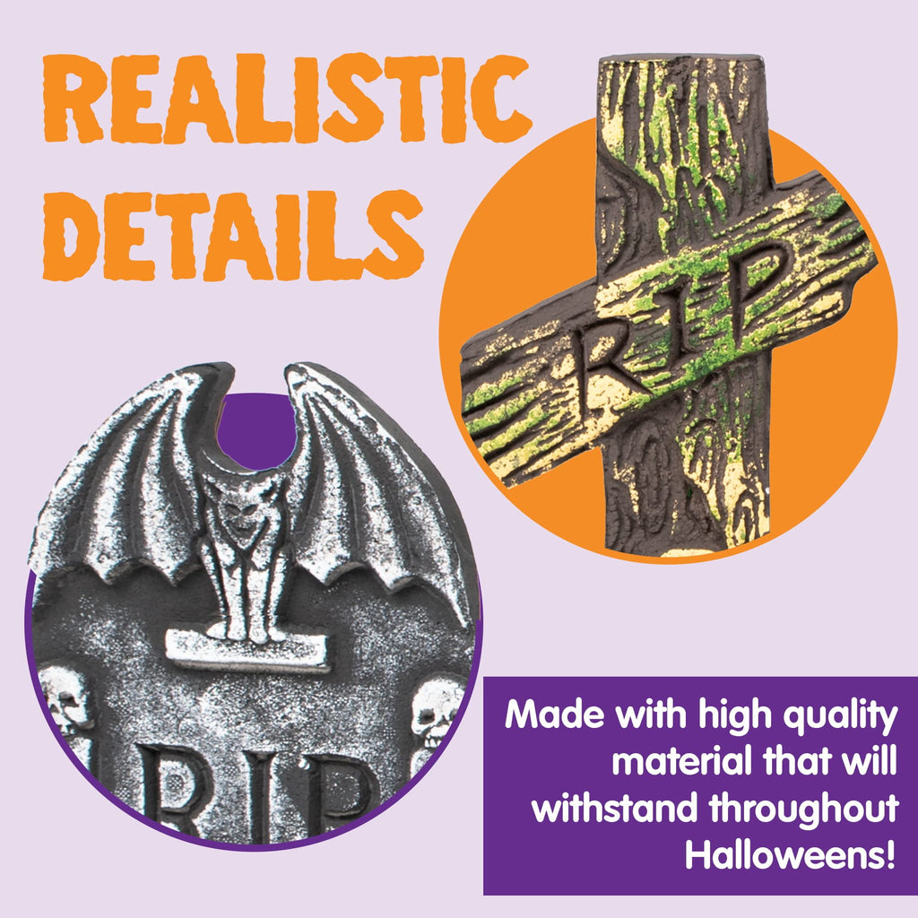 Joyfy 17" Halloween 5 Pack Tombstone Decorations, Foam RIP Graveyard Signs Cemetery Headstones Scary Outdoor Indoor Halloween Decor with 12 Metal Stakes for Easy Set Up, Waterproof for Garden Lawn