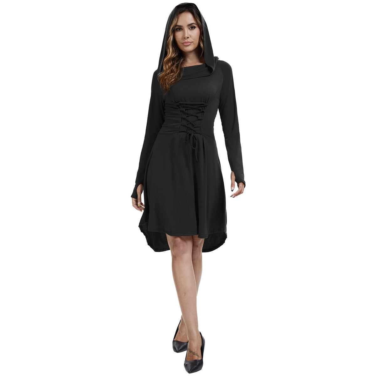 WASFDN Womens Renaissance Costumes Hooded Robe Lace Up Renaissance Dress Women Halloween Vintage Medieval Cloak(Green,L)