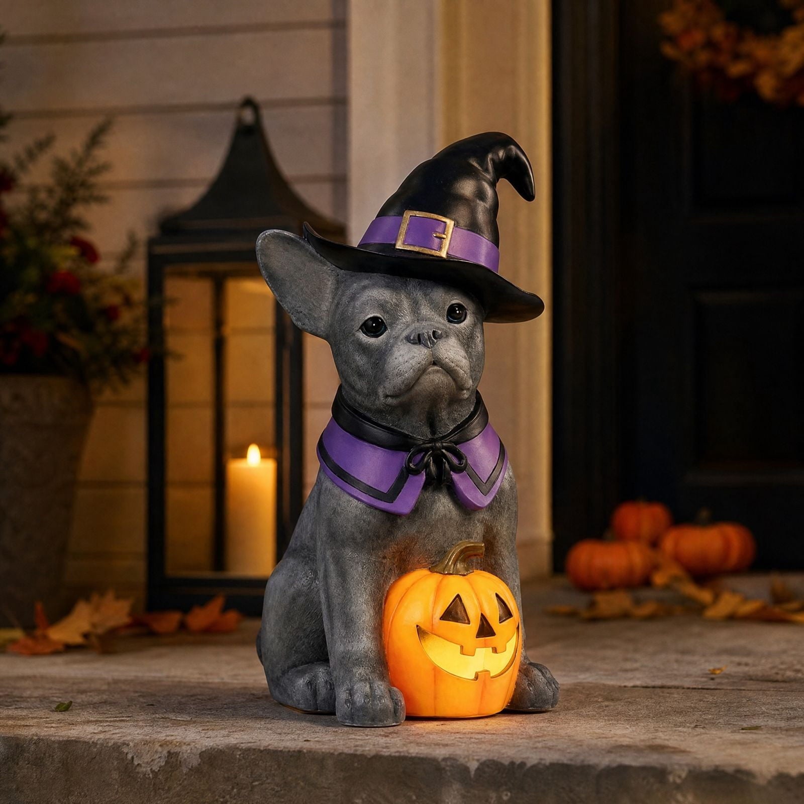 Halloween Dog Greeter - Frenchie 7.9in Resin Witch Dog with Light-Up Pumpkin, Spooky Fall Decor, Indoor Outdoor Tabletop Decoration