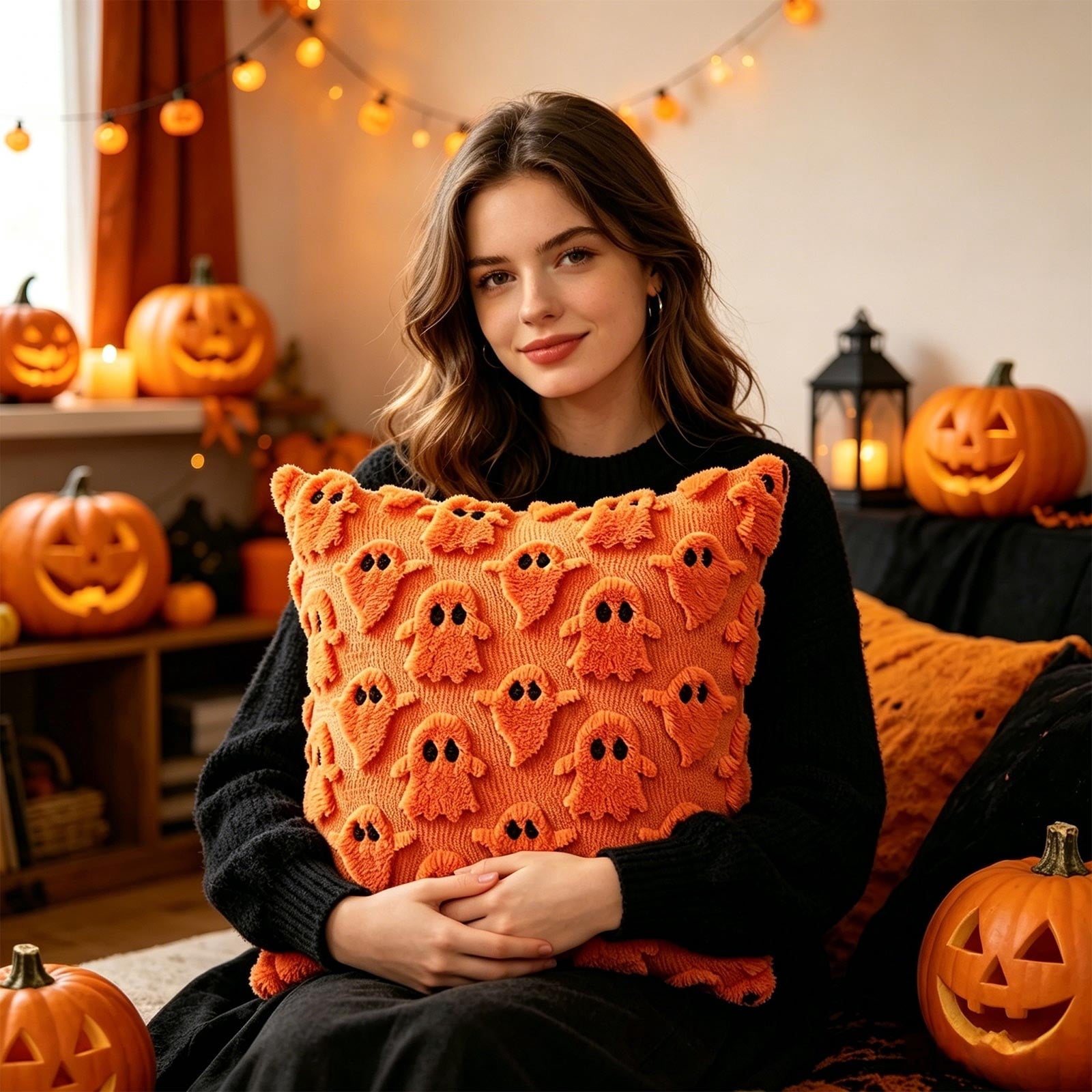 Decorative Pillow Plush Ghost Throw Pillow Cover 18 X 18 Inch 1 Piece for Couch Bedroom Halloween Home Decor