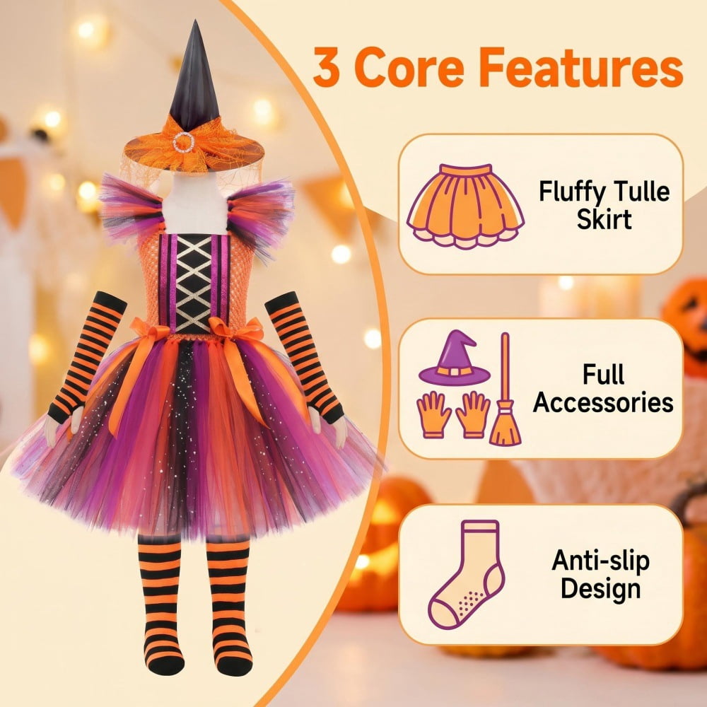 Halloween Cute Purple Witch Costume Set for Toddler Girls, Bat Outfit Dress with Witch Hat & Magic Broom
